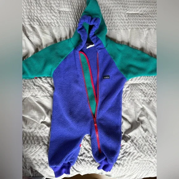 L.L. Bean Vintage Kids Fleece Bunting Toddlers 12M Green Blue Hood Color Block - Picture 7 of 7